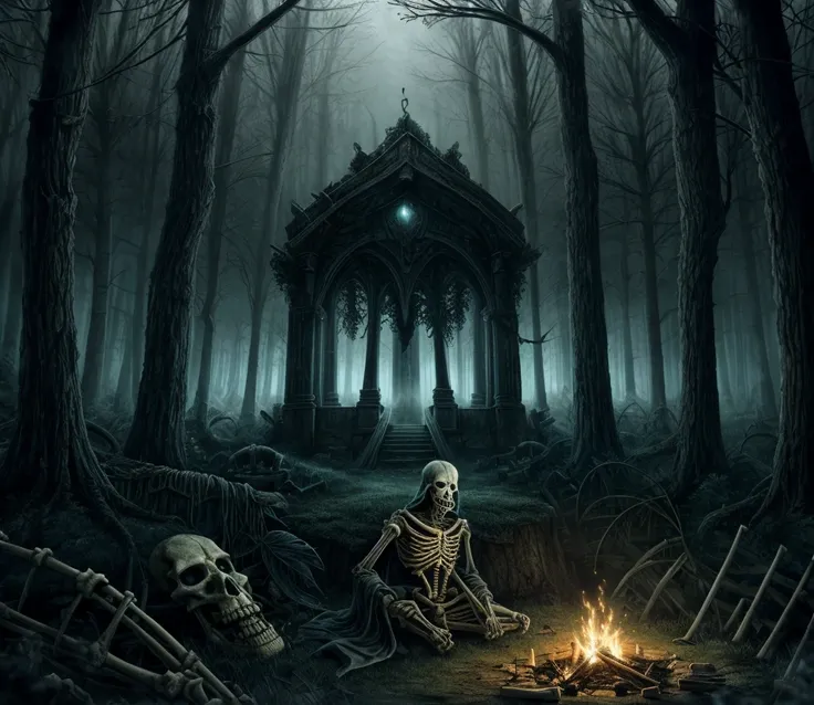 (masterpiece, 8k resolution, high-quality, hyper-realistic, dark surrealism, eerie atmosphere, intricate details, muted colors, dramatic lighting, haunting beauty) A family of skeletons in an abandoned forest, their bones weathered and covered with moss an...