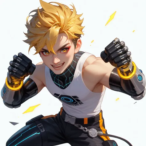  A boy, Multicolored, The character is wearing a Ember Suits and white tank top, and Black shorts, White Background, Makeup Douyin, Cyber Style, (Virtual idol wearing a cyber-inspired villain costume ),( Action Poses Like a Sci-fi Hero Show ) , Full Body, ...