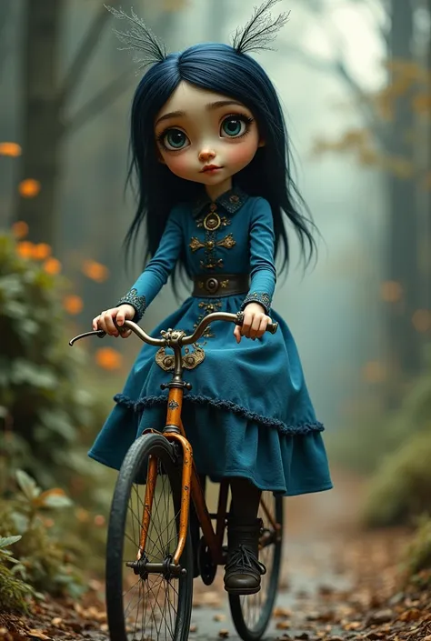 Tim Burton Coraline with big button eyes, blue Victorian dress, riding a old fashion bike