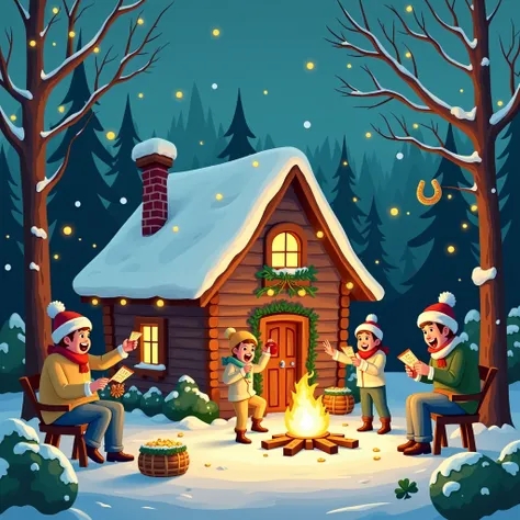 Create an engaging and festive image for a contest announcement about winning a stay in a cozy cottage community. The scene should feature a picturesque cottage surrounded by a winter wonderland, with snow-covered trees and twinkling lights. Include elemen...