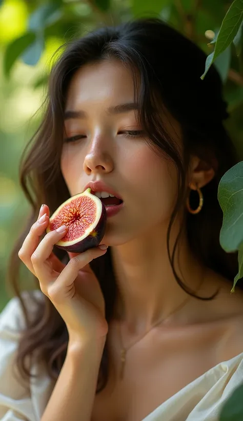 a young and beautiful woman eating a fig with pleasure