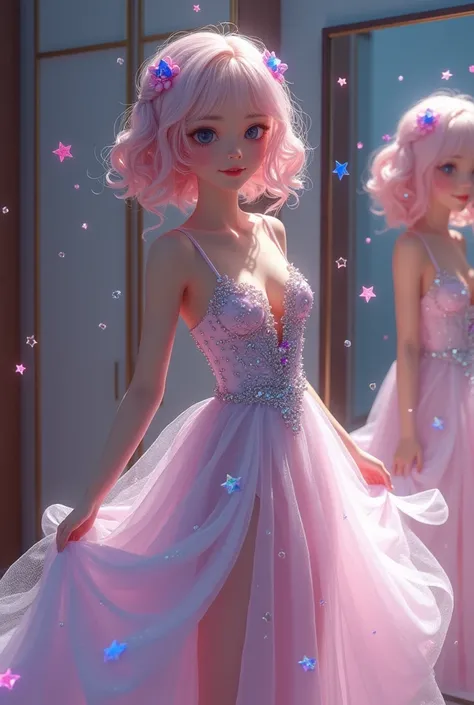 A beautiful white girl with light pink hair and blue eyes were wearing a happily ever
after. She’d curled her pink hair and piled it loosely atop her head, pinning
it in place with jeweled flower-shaped clips, so as to better show off the
gown’s daring nec...