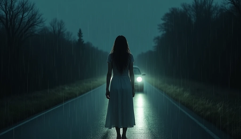 The Woman on the Road ]  Our third story tells about Luiz ,  a driver who was taking night delivery routes .  It was a rainy night , } and he was driving alone on an old, dimly lit road. suddenly,  he saw a figure on the side of the road - a woman in a whi...