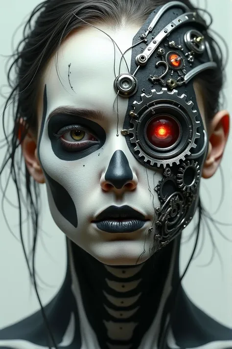 Face painting over a male face showing mixture of robotics and skeleton showing minute detailing and covering most of the male face