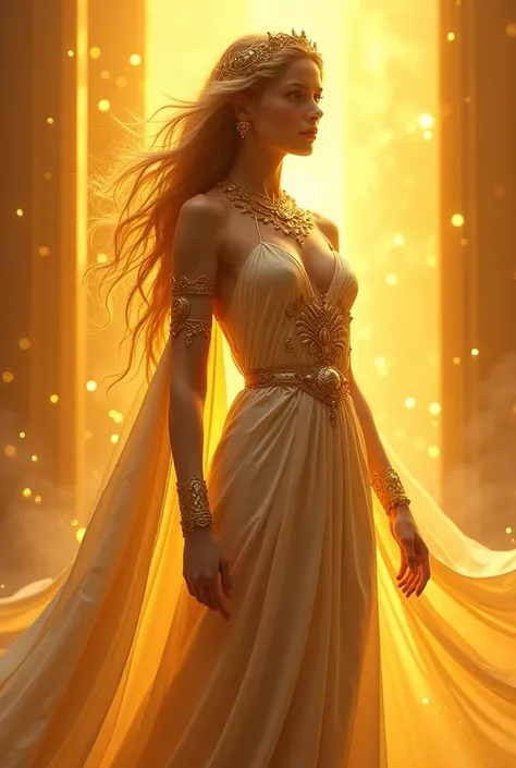 mystical godess of sun facing down side view color scheme: yellow and orange