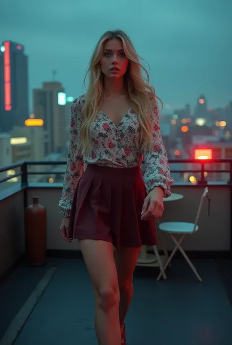  Hyper-realistic photography, Quality: Ultra HD, Lighting: Neon lights, Effects: Motion blur. 
                Location: Rooftop in a city, Atmosphere: Dark and moody, Time of Day: Dawn. 
                Subject with Long blonde hair, Green eyes, Fair skin...