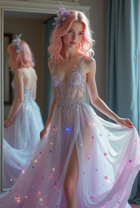 A beautiful white girl with light pink hair and blue eyes were wearing a happily ever
after. She’d curled her pink hair and piled it loosely atop her head, pinning
it in place with jeweled flower-shaped clips, so as to better show off the
gown’s daring nec...