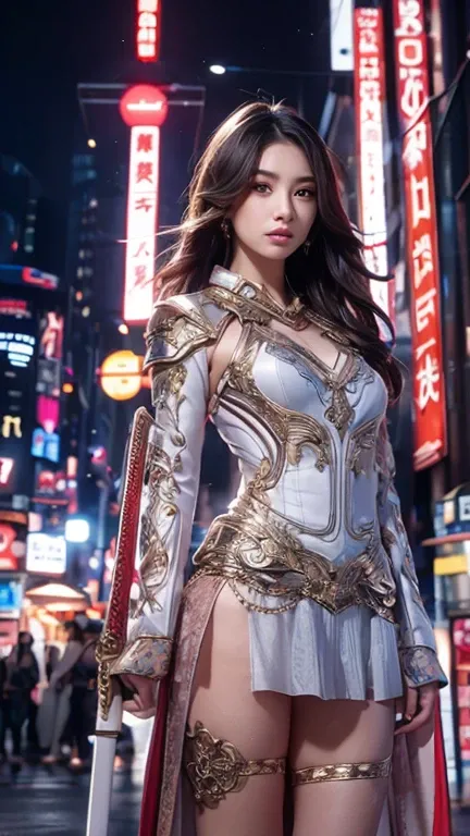 ชุดแดง : Create a hyper-realistic half-body image of a beautiful, fair-skinned Asian woman exuding strength and elegance, adorned in high-tech armor inspired by traditional samurai attire. Her armor features intricate designs that merge modern materials wi...