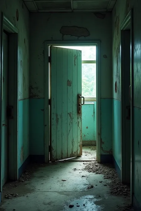 An old, unused wing of the hospital with a slightly ajar door. The door looks old and creaky."