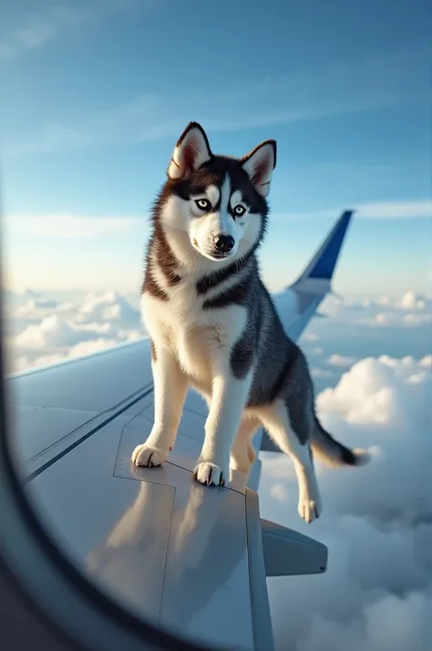 ULTIMATE REALISM FILMING POV PHONE CAMERA VIEW THROUGH AIRPLANE WINDOW SIBERIAN HUSKY PUPPY STANDING ON WING OF COMMERCIAL AIRCRAFT DURING FLIGHT