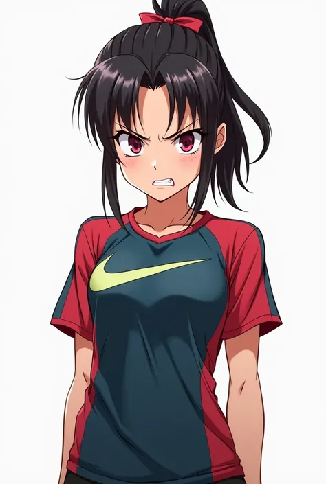 Create an image anime girl with sport shirt with angry face with full body image with eyes look front