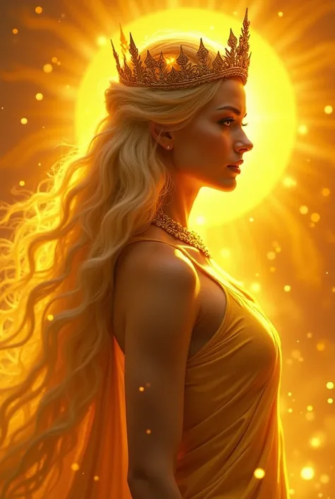 mystical godess of sun facing down side view close up color scheme: yellow and orange