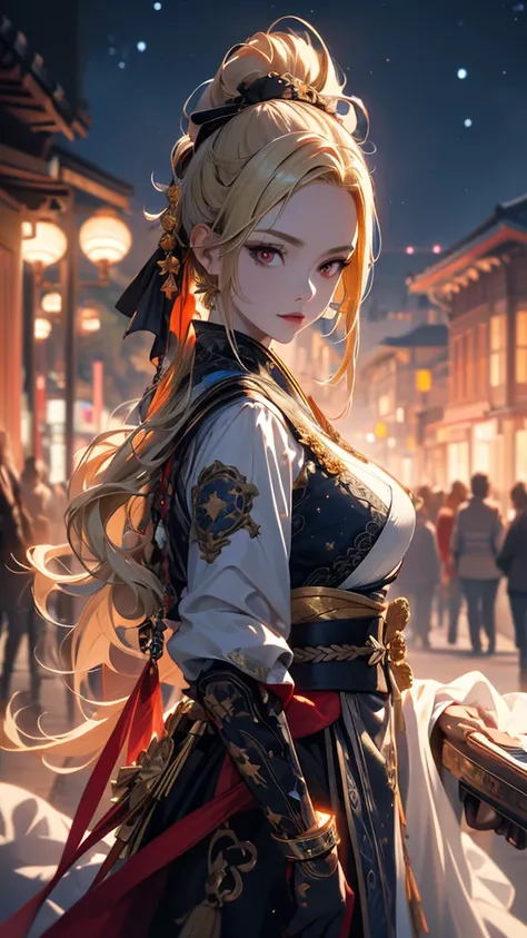 masterpiece,             High Quality    , 4K, Beautiful design,             silhouette    ，blonde，         ponytails，        Highly Detailed Starry Sky,               Extremely Knowledgeable Woman            , Highly detailed solo, 1 female,red eyes，Big B...