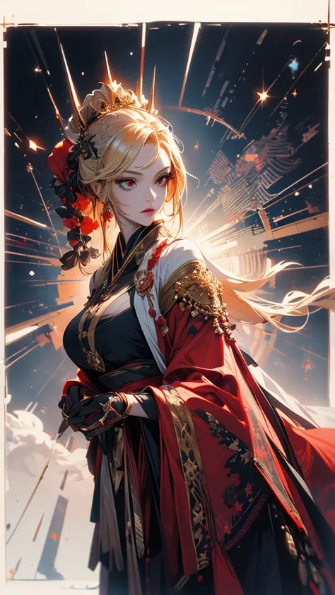 masterpiece,            High Quality   , 4K, Beautiful design,            silhouette    ，blonde，    crowns，     ponytails，       Highly Detailed Starry Sky,              Extremely Knowledgeable Woman           , Highly detailed solo, 1 female,red eyes，Big ...