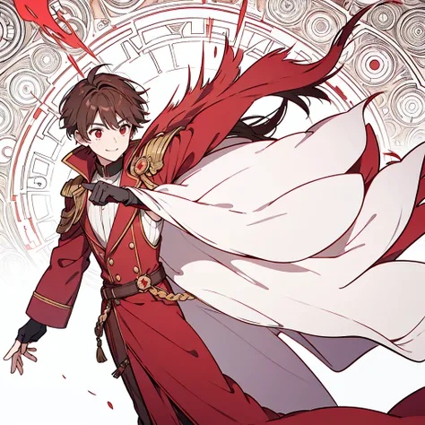 man, boy,  confident smile ,  hand with gloves , Magic circle on hand ,  hair blowing in the wind,  short hair,  brown hair with a robe,  Red Clothes ,  red eyes