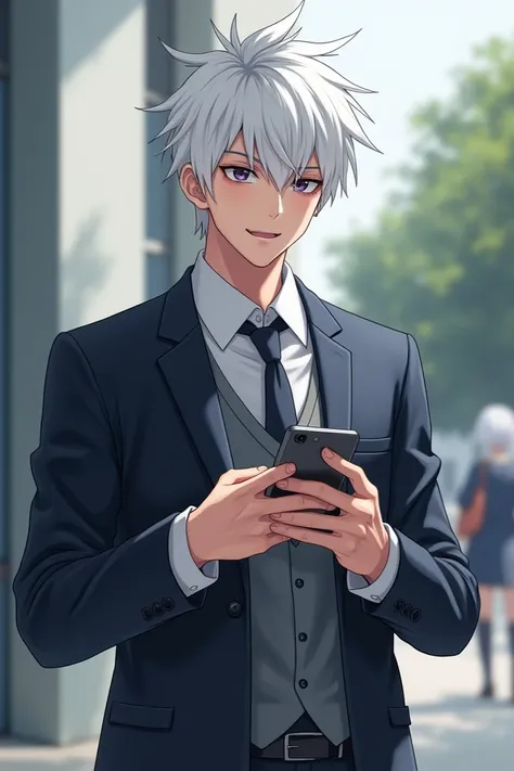 Generate is a white-haired young man wearing a uniform school and Holding a cellphone 