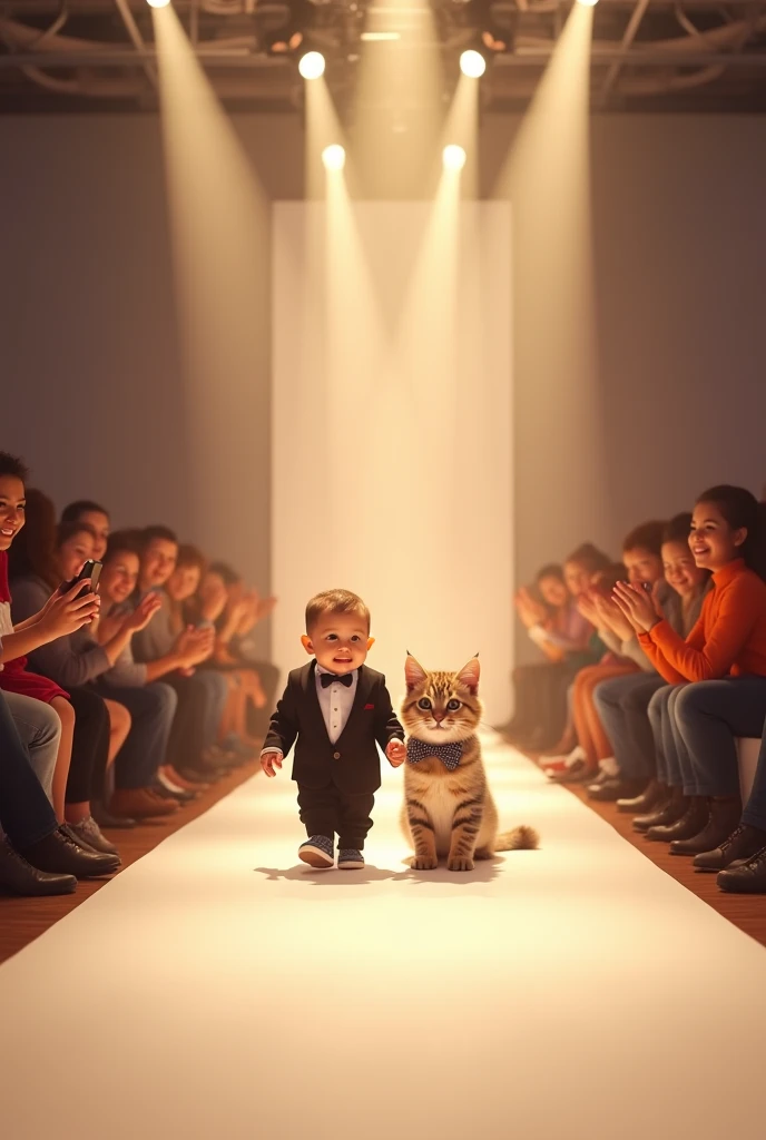 Create a heartwarming baby fashion show scene set in a bright, stylish studio. The runway is lit with soft, glamorous lighting, with spotlights highlighting the main stage. baby boy wears a small tuxedo and walks next to a fluffy kitten with a bow around i...