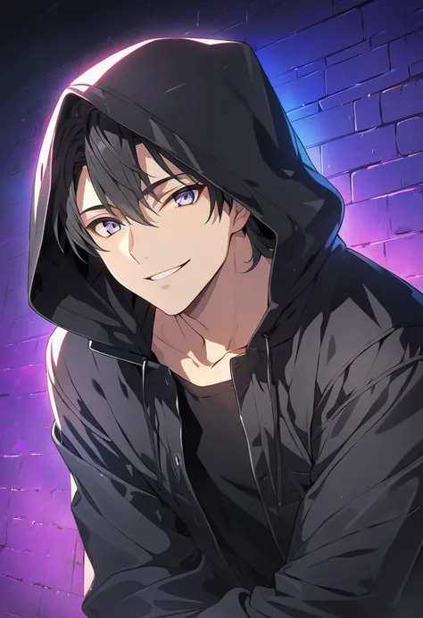 masterpiece, 8k,  very detailed,  male anime character , The casual black dress , Put on the hood,  is staring at the camera,  has a mean smile on its face at the viewers,  leaning against a wall,  artwork ,  Black Light,  gradient background, HDR, Anime W...