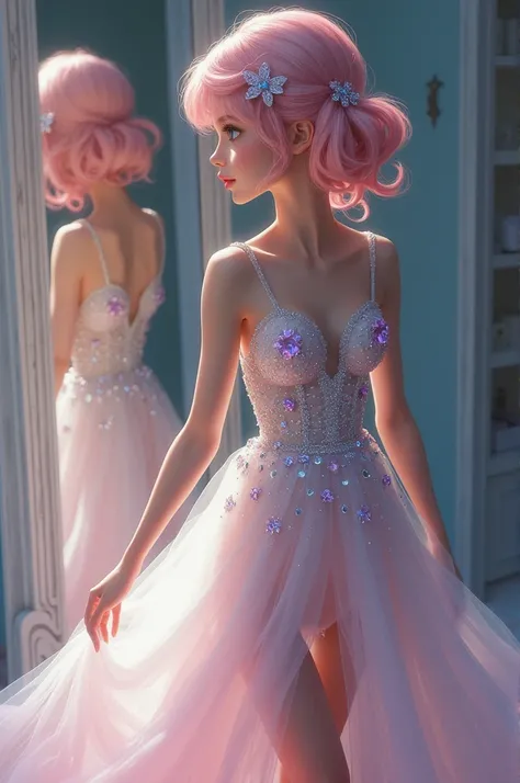 A beautiful white girl with light pink hair and blue eyes were wearing a happily ever
after. She’d curled her pink hair and piled it loosely atop her head, pinning
it in place with jeweled flower-shaped clips, so as to better show off the
gown’s daring nec...