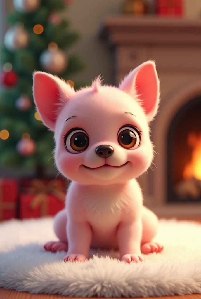  very adorable and charming French bulldog 。Body color is pink 。 moist eyes make you want to protect them 。 sitting on a fluffy white mat。 hello Christmas tree and fireplace 