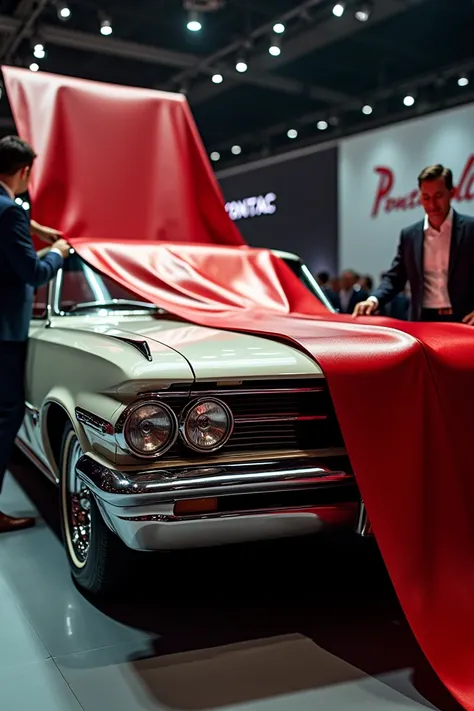 A photorealistic image of a red 1962 Pontiac GTO being unveiled at a car show, a man and woman in business attire are pulling away a red and white cloth revealing the car, the Pontiac logo is visible in the background,  8k resolution, cinematic lighting, s...