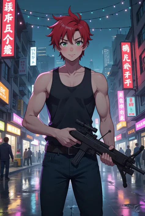 cute 1boy, red short hair, green eyes, tank top, jockstrap, solo, standing, city street, cyberpunk, neon light, crossbow in hand, night, realistic background, studio lighting, soft focus, physically-based rendering, professional