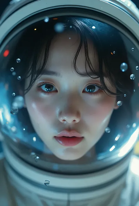 live-action、 real、Astronaut helmet up 、 very beautiful Japanese woman in the helmet is shedding tears The tears turn into balls of water and float countless times inside the helmet、The shining earth is reflected on the glass surface of the helmet 、 outer s...