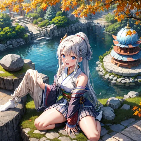 Chestnut Hair、 blue eyes、Hair tied up、Two cute、 plaid mini skirt 、 BLACK T-SHIRT、 Long Sleeve 、kimono、striped high socks、Teeth are visible、lawn、The stone is cracked、Uneven ground、The road is curved、View from above、Large autumn tree、Mountain々、 fence、isolate...