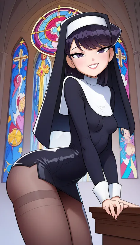 ((masterpiece, Highest quality, Very detailed)), One girl, Komi Shouko, Black Hair, blunt bangs, Grey Eyes, smile, Small breasts, ((nun)), ((Black skirt)), ((transparent black pantyhose)), Cowboy Shot, Stained glass, altar, Church Background, black underwe...