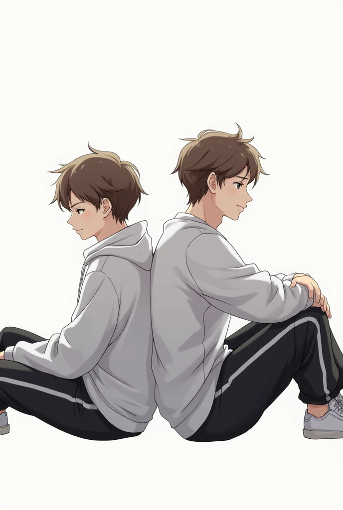 an image of one and a boy ,  both sitting with their backs to each other ,  both dressed in sweatshirts and white sneakers.  brown hair and black eyes .