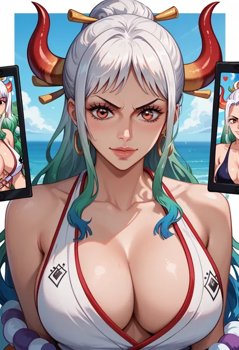 Masterpiece, Best quality, 1womanl, A high resolution,  Beautiful girl ,  yamato/One Piece，Large breasts，cleavage，looks into camera，Bust photo，Raised sexy，Be red in the face，Sea background