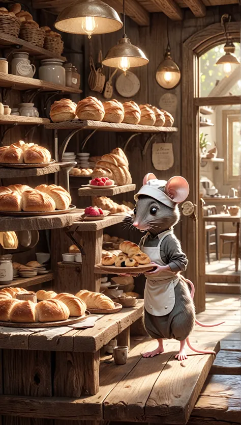 a cozy woodland café run by an adorable mouse with large round eyes, a tiny chef hat, and an apron, proudly serving a tray of fr...