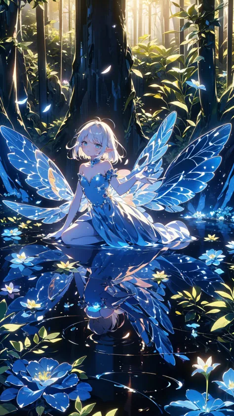 fairies in fairy armor,flying through enchanted forest,shining fairy dust,floating petals,majestic sunlight-filled,beautifully t...