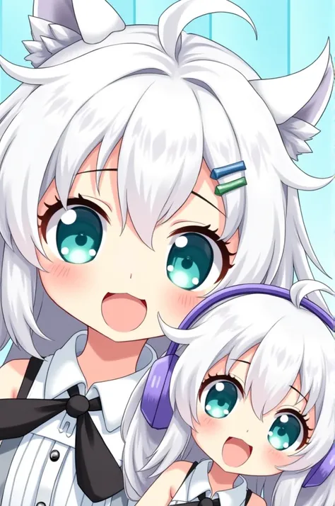 AvatarThis image is an anime drawing with a clear and vivid illustration style.  Characters with white hair ,  slightly elongated and slightly fluffy ,  with some decorative details such as hairpins and black ties .  The big eyes ,  bright turquoise and gl...