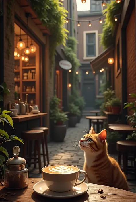 hideaway coffee shop in a back alley, delicious looking coffee, antique, a cat is sitting, Realistic