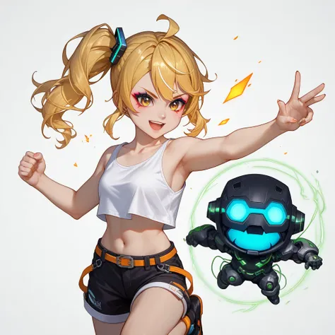  A Girl, Multicolored, The character is wearing a Ember Suits and white tank top, and Black shorts, White Background, Makeup Douyin, Cyber Style, (Virtual idol wearing a cyber-inspired villain costume ),( Action Poses Like a Sci-fi Hero Show ) , Full Body,...