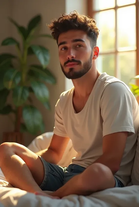 (photorealism:1.2), handsome man, sitting on bed, wearing white top, jeans shorts, short curly hair, short-bearded, indoors, soft lighting, plants in background, window with sunlight, cozy room, relaxed pose, realistic, intricate details, warm colors