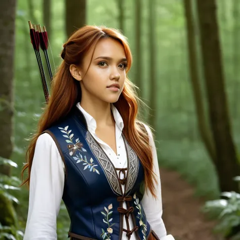  A young woman who looks like Jessica Alba ,  long red hair that falls well over her back ,  short elf ears , few freckles, deep blue eyes, light skin, archer,  she is wearing an embroidered white blouse in medieval style, a leather vest and tight pants , ...