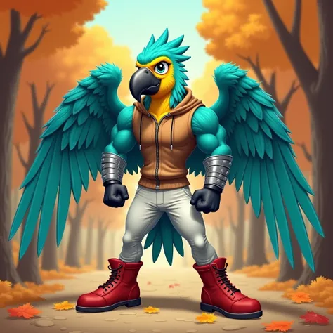  A turquoise muscular winged parrot furry jock in silver bracelets, wearing red boots , in white pants, in a brown sleeveless zippered sweater , in black gloves,  stands against the backdrop of an autumn forest in cartoon style 