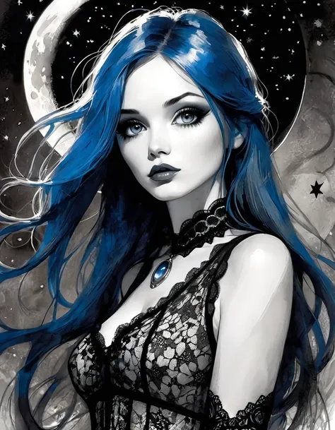 sexy girl, long blue hair, very sexy lace dress, stockings, fantasy, night, stars, moon, magic, black and white sketch style, art inspired by Bill Sienkiewicz and Dave McKean, (best quality,4k,8k,highres,masterpiece:1.2),ultra-detailed,(realistic,photoreal...