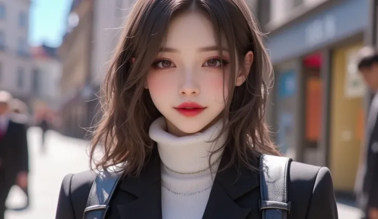 (masterpiece, Best picture quality, 8k), Idol appearance, adult,  perfection of fashion,  Korean makeup, Lip Tint, whole body, frontal, Seductive Smile,Czech Prague Street ,  Finely drawn , Realistic, Outdoor,  ultra high definition, 3D image,  ultra high ...