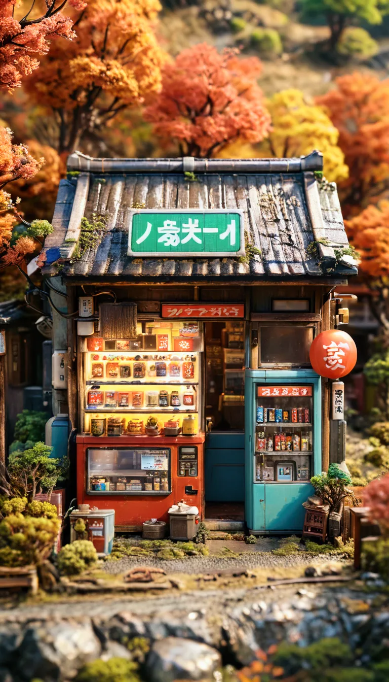 ,masterpiece,  best quality,  High Details ,  Ultra High Definition、8k、 Semi-Realistic Style 、8bit、Diorama、 Dagashi Shop Lurking in the Japanese Countryside、Vending machines、 Rusty Sign 、(Retro car)、Dog House and Dog 。From a high altitude