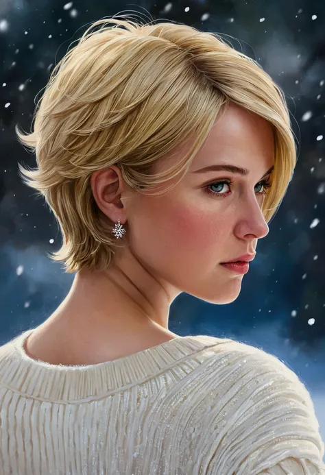 (oil painting, masterpiece, best quality, ultra detailed, focus on character), short blonde hair, ([back:0.8]|[ face facing backwards:1.1]), serious face, ([cold scenario:1.2]|[ snowy background:1.3]| [high contrast:1.1])  