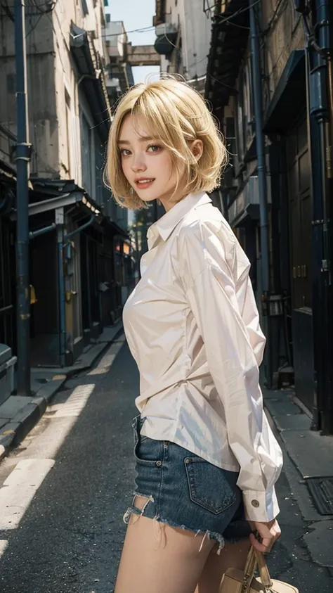  ( Cyberpunk ),  1 girl, slim body((  show your teeth and laugh:1.3)), short hair hair scrunchy,   Colored Hints ,   long sleeve ,  watching viewers, curly hair, Short bangs,  open lips,  ((blonde portrait :1.3)),  Alone, WHITE shirt,  back alley backgroun...