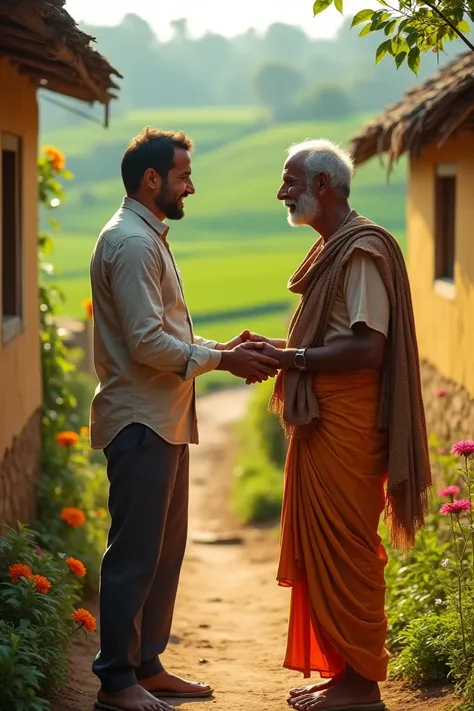 "A cinematic, ultra HD image of a middle-aged man arriving at the farmer’s home in an Indian village. The man, dressed in a slightly modern outfit with a scarf draped over his shoulder, greets the farmer warmly. The farmer stands at the doorstep, welcoming...