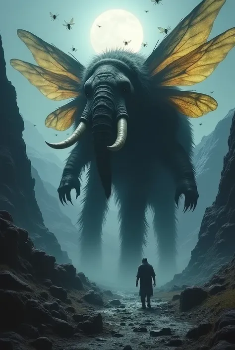 Here’s a macabre prompt for an elephant and bee fusion set in a mountainous landscape at night:

**"A towering, nightmarish creature, combining the massive, shadowy form of an elephant with the eerie, insect-like features of a bee. Its thick, rough skin is...