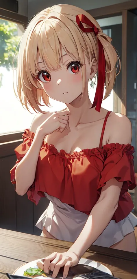 Chisatoniki, Chisato,  short hair, bangs,  blonde hair, (red eyes:1.5),   hair bow,  One side up,  bob cut from the front,
break  shirt,  bare shoulders,  twin tails, clavicle,   hair bow,  micro bikini, frills,  off-shoulder ,  red ribbon, ショート twin tails...