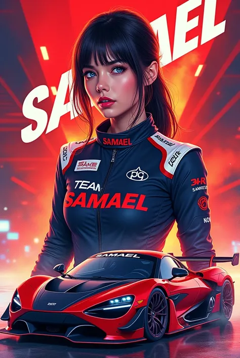 Make a poster of Team Samael with car
Background written Team Samael add a girl aslo with team