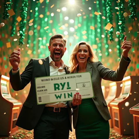 Create a dynamic and exciting image of a man and woman celebrating a big win, symbolizing luck and fortune. The scene should depict both individuals with joyful expressions, surrounded by confetti and bright lights, holding a large check or jackpot prize. ...