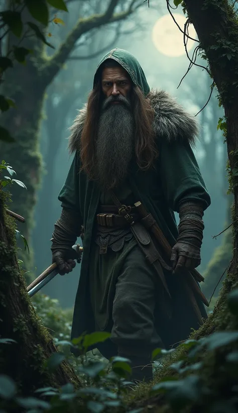 Man, long brown hair, bearded, medieval druid hunter, in the middle of a dense forest at night, hooded, medieval style, realistic, ultra detailed  